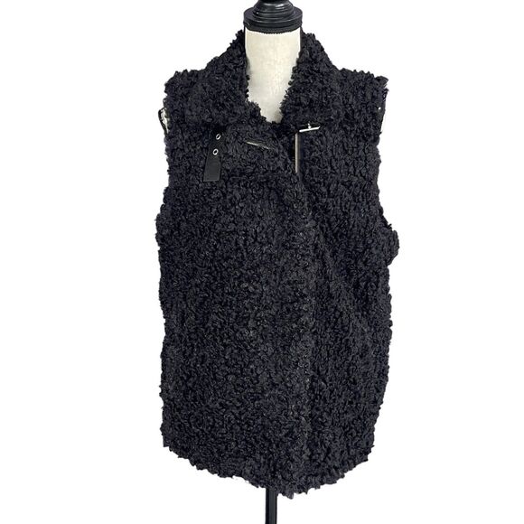 INC Large Faux Fur Vest Full-Zip Sleeveless Lined Pockets Collared Black New - Picture 1 of 12